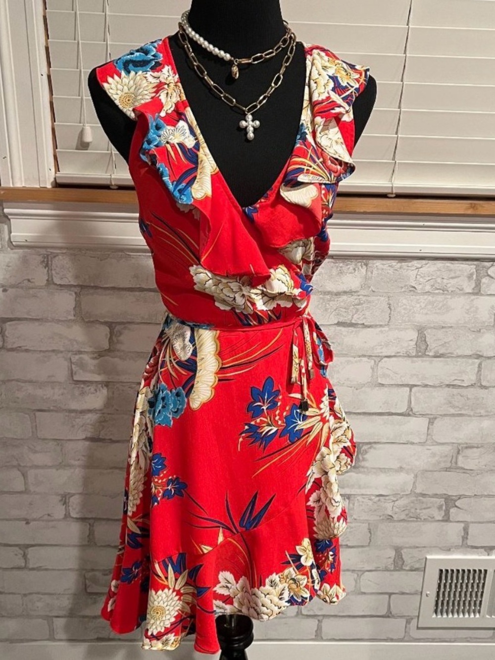 Hello Molly Red Floral Ruffle Wrap Mini Dress